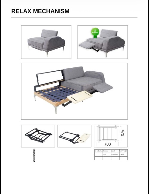 The relax mechanism is a mechanical system in the furniture industry that allows the footrest section to be opened upwa